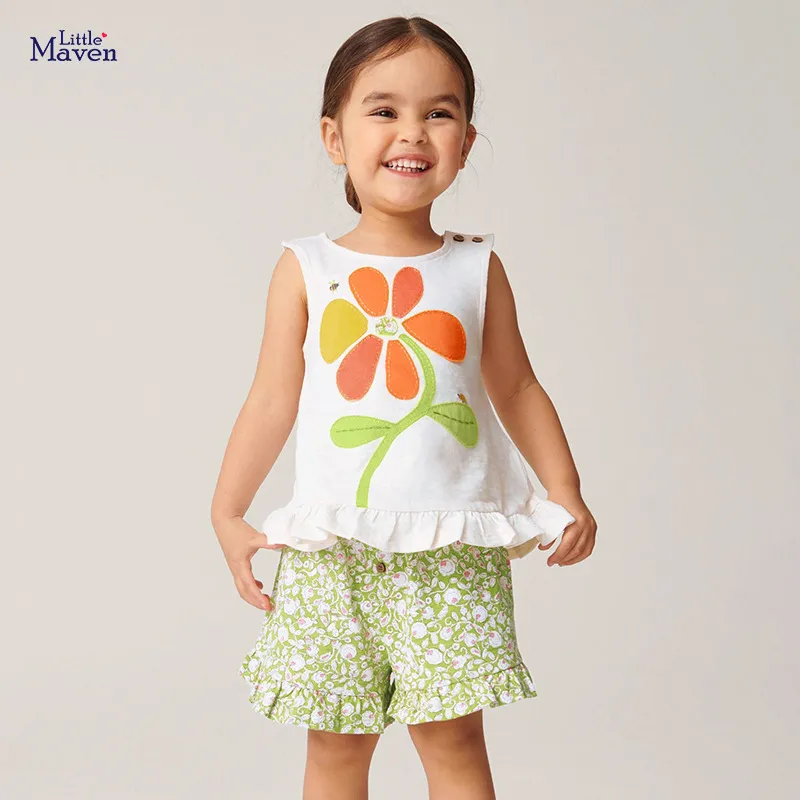 Kids Cute Floral Ruffled Girl Two-Piece Set Sleeveless Cotton Pullover Shorts