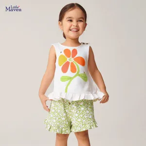Kids Cute Floral Ruffled Girl Two-Piece Set Sleeveless Cotton Pullover Shorts