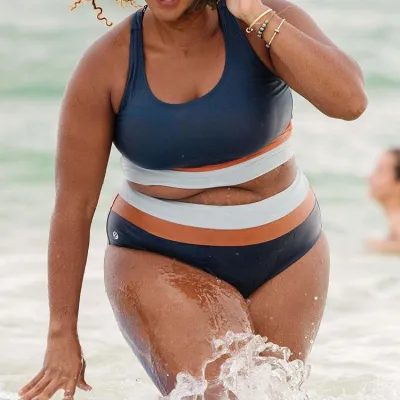 Women Plus Size Stripe Print Tankini Swimsuit Set