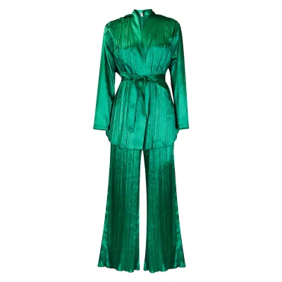 Women Plus Size Solid Color Creased Long Sleeve Strap Top Wide Leg Pants Set