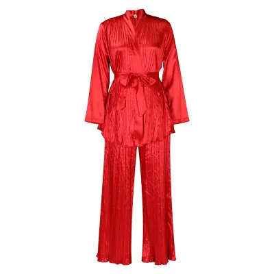 Women Plus Size Solid Color Creased Long Sleeve Strap Top Wide Leg Pants Set