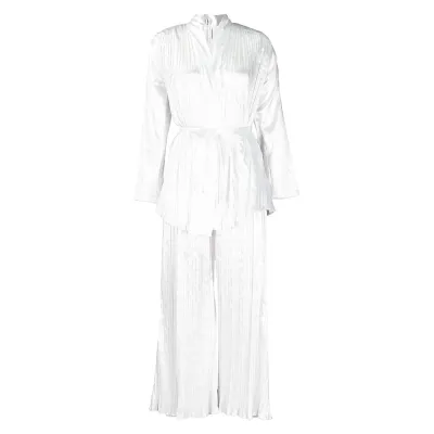 Women Plus Size Solid Color Creased Long Sleeve Strap Top Wide Leg Pants Set