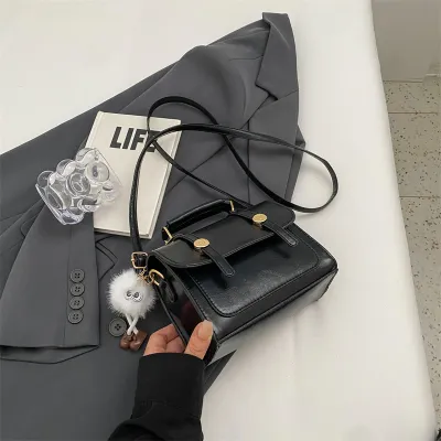 Women's Fashionable Simple Plush Pendant PU Crossbody Bag Flap Square