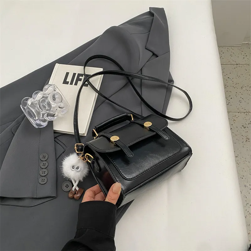 Women's Fashionable Simple Plush Pendant PU Crossbody Bag Flap Square