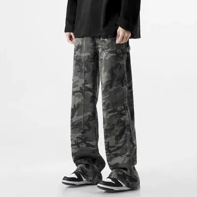 Men Vintage Camouflage Print Straight Leg Denim Jeans