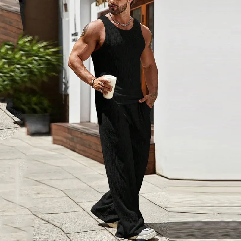 Men's Solid Color Sleeveless Knitted Tank Top and Pants Two-Piece Set