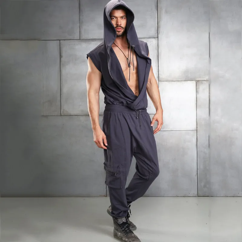 Men's Solid Color Sleeveless Hooded Top and Pants Set