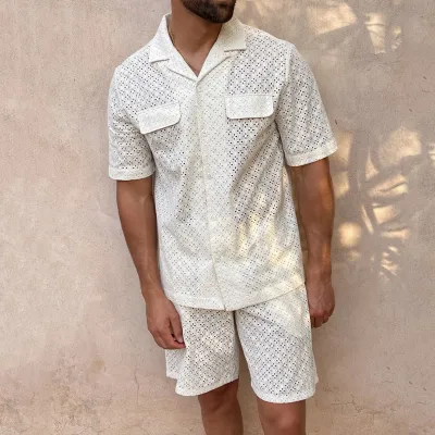 Summer Men Fashion Casual White Hollow Short-Sleeved Shirt Shorts Two-Piece Set