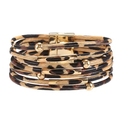 Women Vintage Leopard Print PU Leather Geometric Bracelet