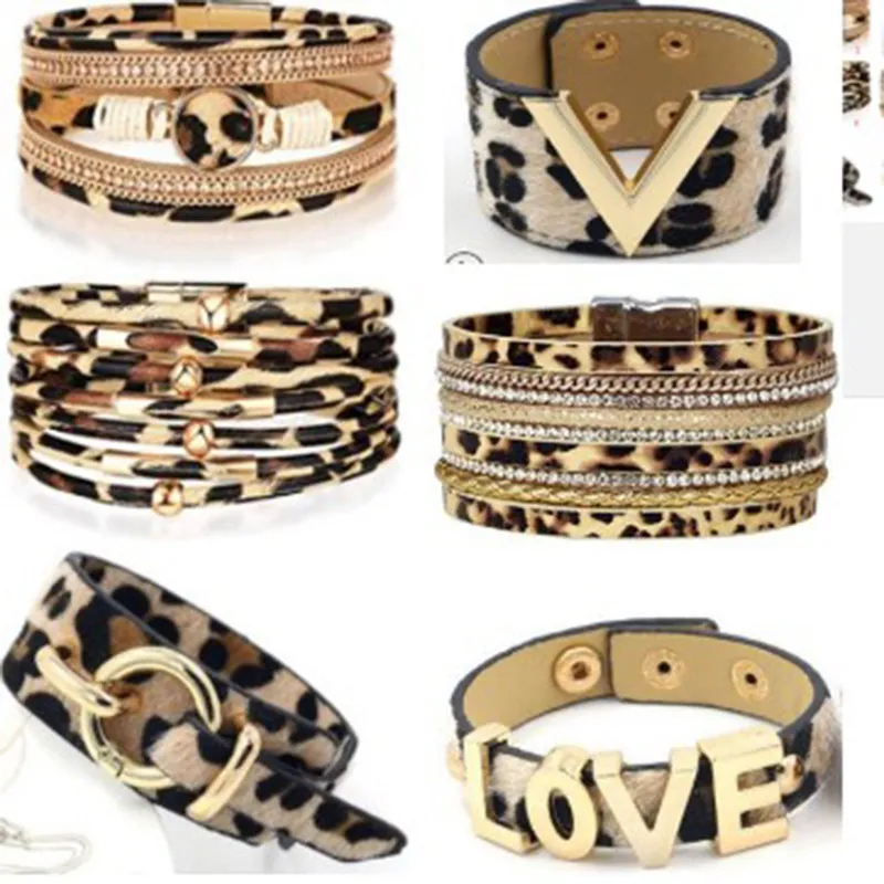 Women Vintage Leopard Print PU Leather Geometric Bracelet