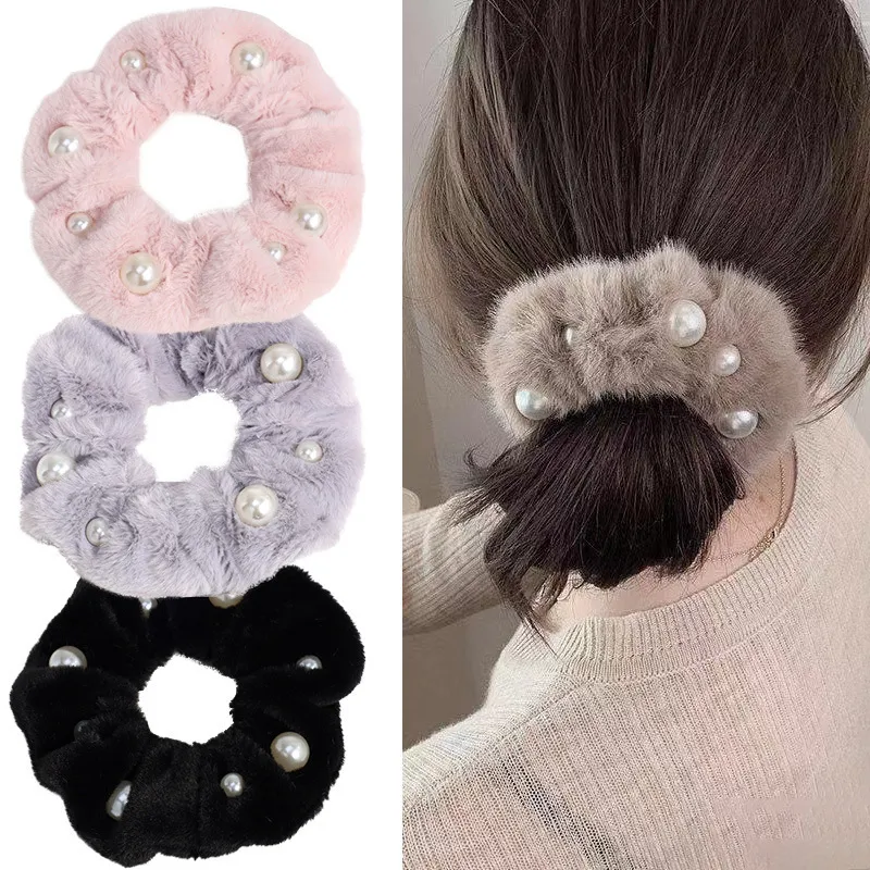 Women Fashion Plush Pearl Large Intestine Hair Ring