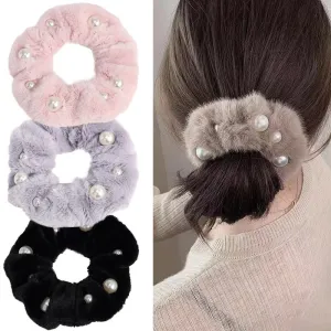 Women Fashion Plush Pearl Large Intestine Hair Ring