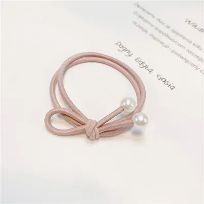 Women Simple Small Fresh Pink Square Heart-Shaped Floral Hair Rope Pearl High Elasticity