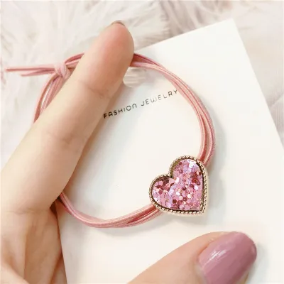 Women Simple Small Fresh Pink Square Heart-Shaped Floral Hair Rope Pearl High Elasticity