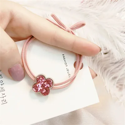 Women Simple Small Fresh Pink Square Heart-Shaped Floral Hair Rope Pearl High Elasticity