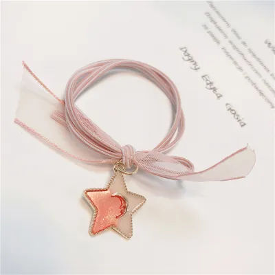 Women Simple Small Fresh Pink Square Heart-Shaped Floral Hair Rope Pearl High Elasticity