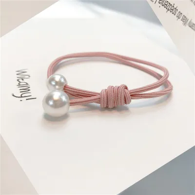 Women Simple Small Fresh Pink Square Heart-Shaped Floral Hair Rope Pearl High Elasticity