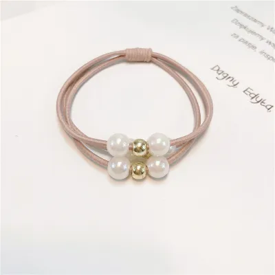 Women Simple Small Fresh Pink Square Heart-Shaped Floral Hair Rope Pearl High Elasticity