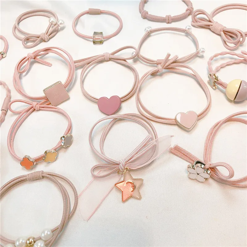 Women Simple Small Fresh Pink Square Heart-Shaped Floral Hair Rope Pearl High Elasticity