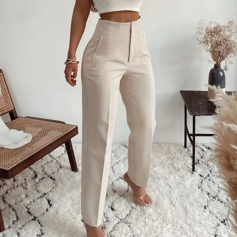 Women Fashion Casual Solid Color High Waist Straight Leg Pants