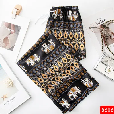 Women Casual Loose Elephant Print High Waist Straight Leg Pants