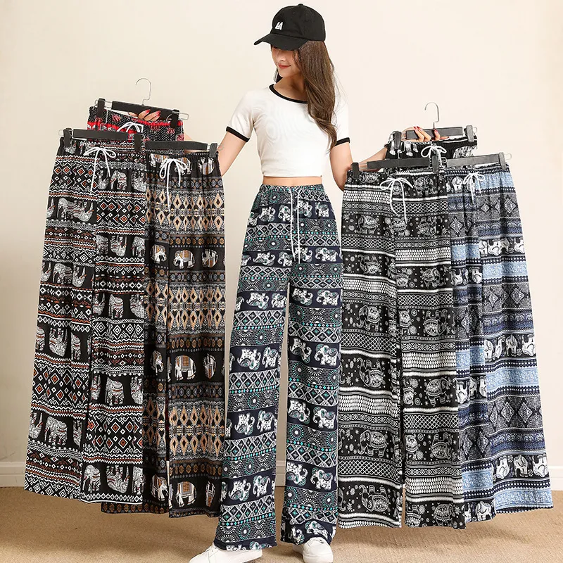 Women Casual Loose Elephant Print High Waist Straight Leg Pants