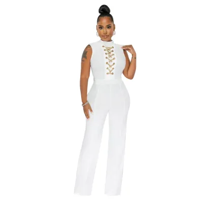 Women Fashion Sexy Solid Color Sleeveless Collar High Waist Loose Fit Jumpsuits