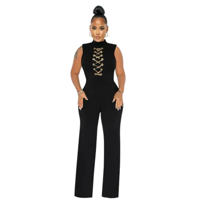 Women Fashion Sexy Solid Color Sleeveless Collar High Waist Loose Fit Jumpsuits