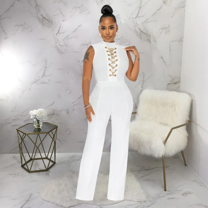 Women Fashion Sexy Solid Color Sleeveless Collar High Waist Loose Fit Jumpsuits