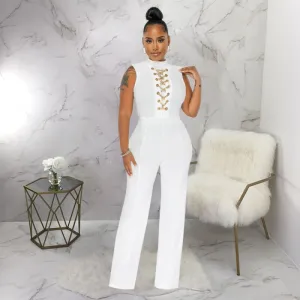 Women Fashion Sexy Solid Color Sleeveless Collar High Waist Loose Fit Jumpsuits