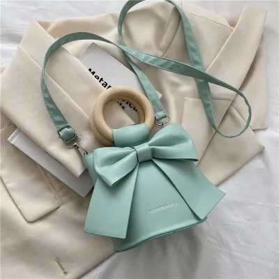Women Fashion Bow PU Crossbody Bag Bucket Bag Small