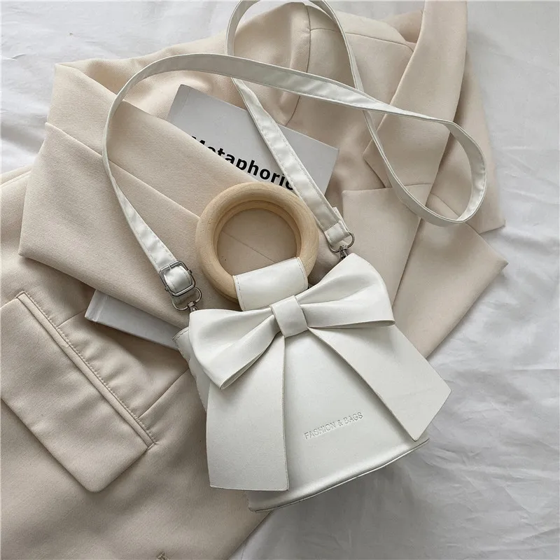 Women Fashion Bow PU Crossbody Bag Bucket Bag Small