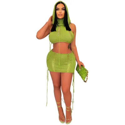 Sexy Women Casual Sleeveless Hooded Beach Knitted Crop Top Skirt Set