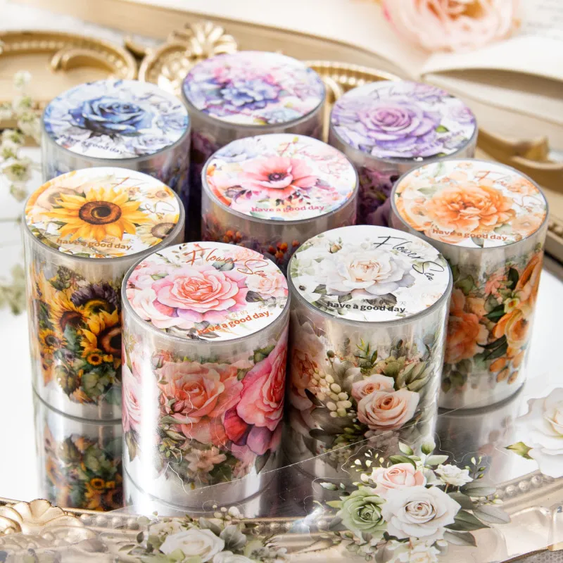 Simple Sunflower Rose Plant Hand Account DIY Decorative PET Tape 50mm x 2M