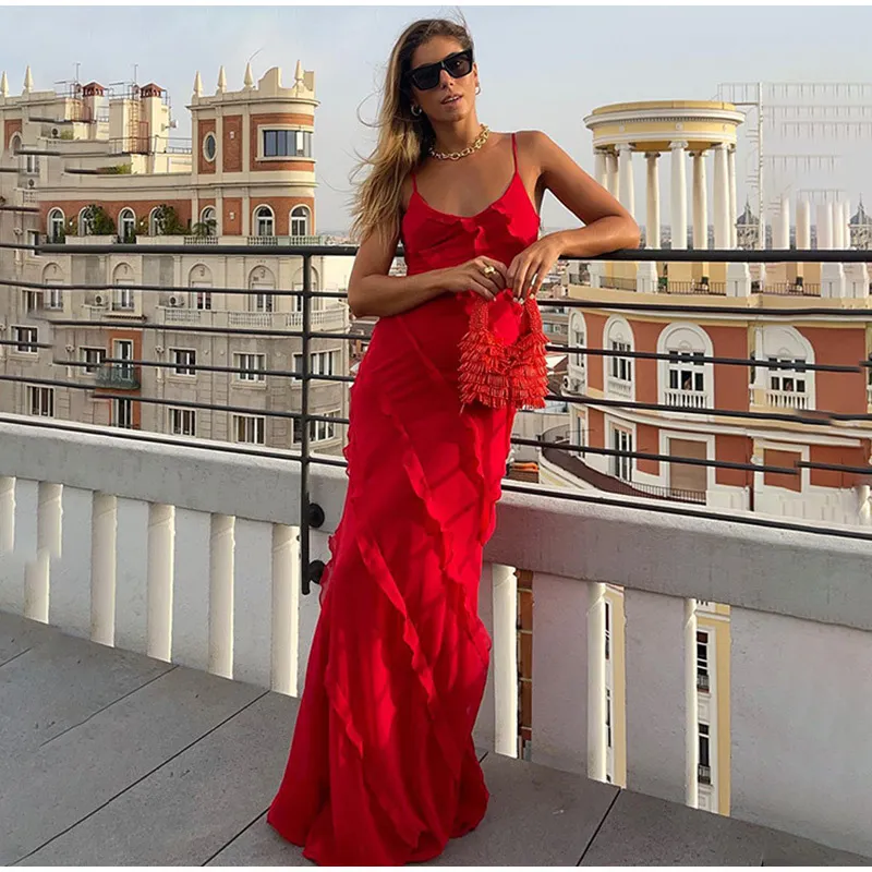 Women Sexy Backless Ruffle Chiffon Maxi Dress