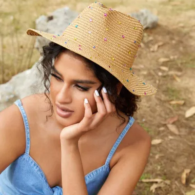 Rhinestone Women British Style Fashion Sunshade Jazz Hat Summer Outdoor Travel Seaside Sunscreen Straw Woven Hat