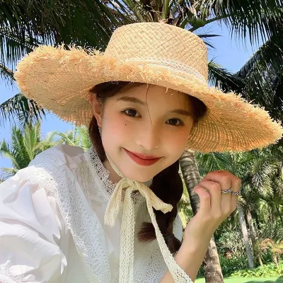 Women Summer Vacation Flat-Top Sunscreen Sunshade Beach Seaside Straw Woven Hat