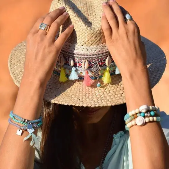 Women Bohemian Summer Straw Woven Shell Tassel Hat Jazz Sunscreen Vacation
