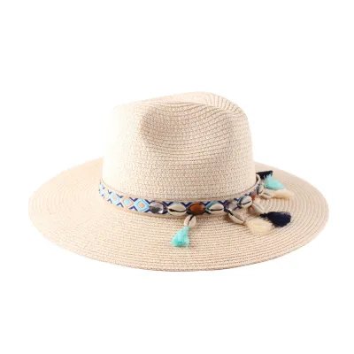 Women Bohemian Summer Straw Woven Shell Tassel Hat Jazz Sunscreen Vacation