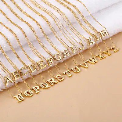 Women Fashion Simple Gold English Letters Alphabet Stainless Steel Rhinestone Necklace