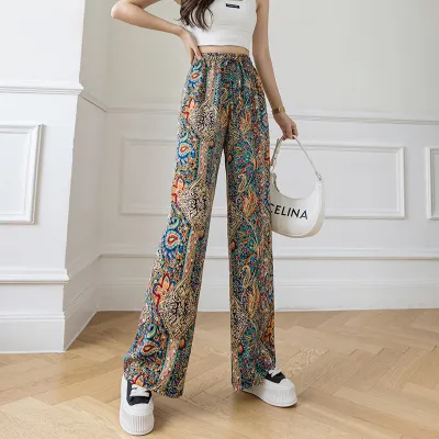 Women's Ice Silk Ink Painting Chiffon Wide Leg Pants - Loose High Waist
