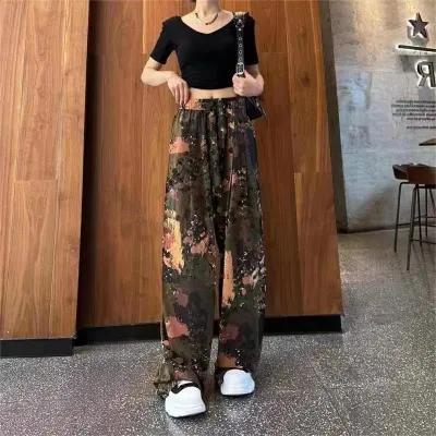 Women's Ice Silk Ink Painting Chiffon Wide Leg Pants - Loose High Waist