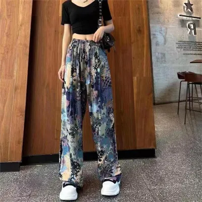 Women's Ice Silk Ink Painting Chiffon Wide Leg Pants - Loose High Waist