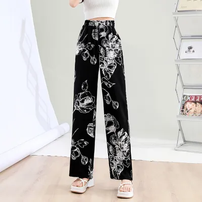 Women's Ice Silk Ink Painting Chiffon Wide Leg Pants - Loose High Waist