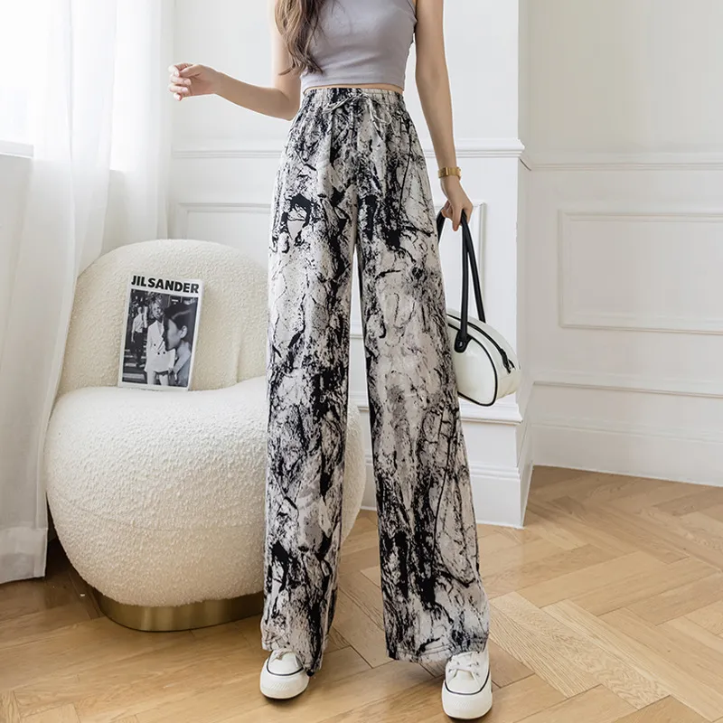 Women's Ice Silk Ink Painting Chiffon Wide Leg Pants - Loose High Waist