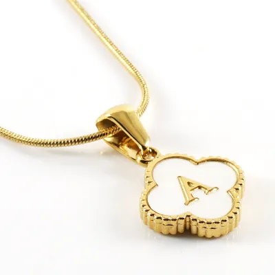 Women Stainless Steel Clover Shell Letter Alphabet Pendant Gold Titanium Steel Snake Chain Necklace