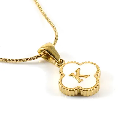 Women Stainless Steel Clover Shell Letter Alphabet Pendant Gold Titanium Steel Snake Chain Necklace