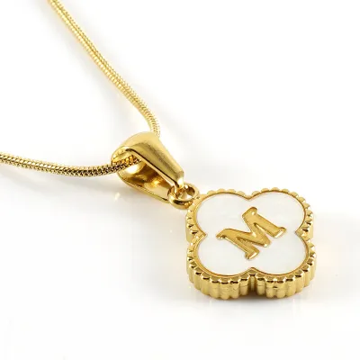 Women Stainless Steel Clover Shell Letter Alphabet Pendant Gold Titanium Steel Snake Chain Necklace