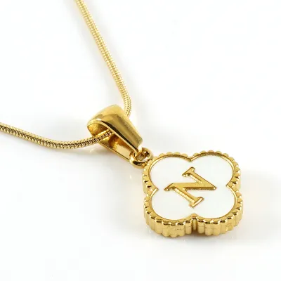 Women Stainless Steel Clover Shell Letter Alphabet Pendant Gold Titanium Steel Snake Chain Necklace