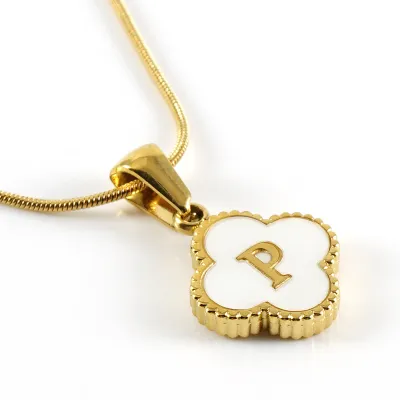 Women Stainless Steel Clover Shell Letter Alphabet Pendant Gold Titanium Steel Snake Chain Necklace